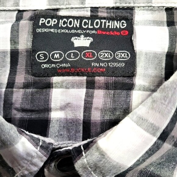 Pop Icon Clothing Men's Shirt Size XL Embroidered Dome Snap Black & White Plaid - Picture 6 of 12